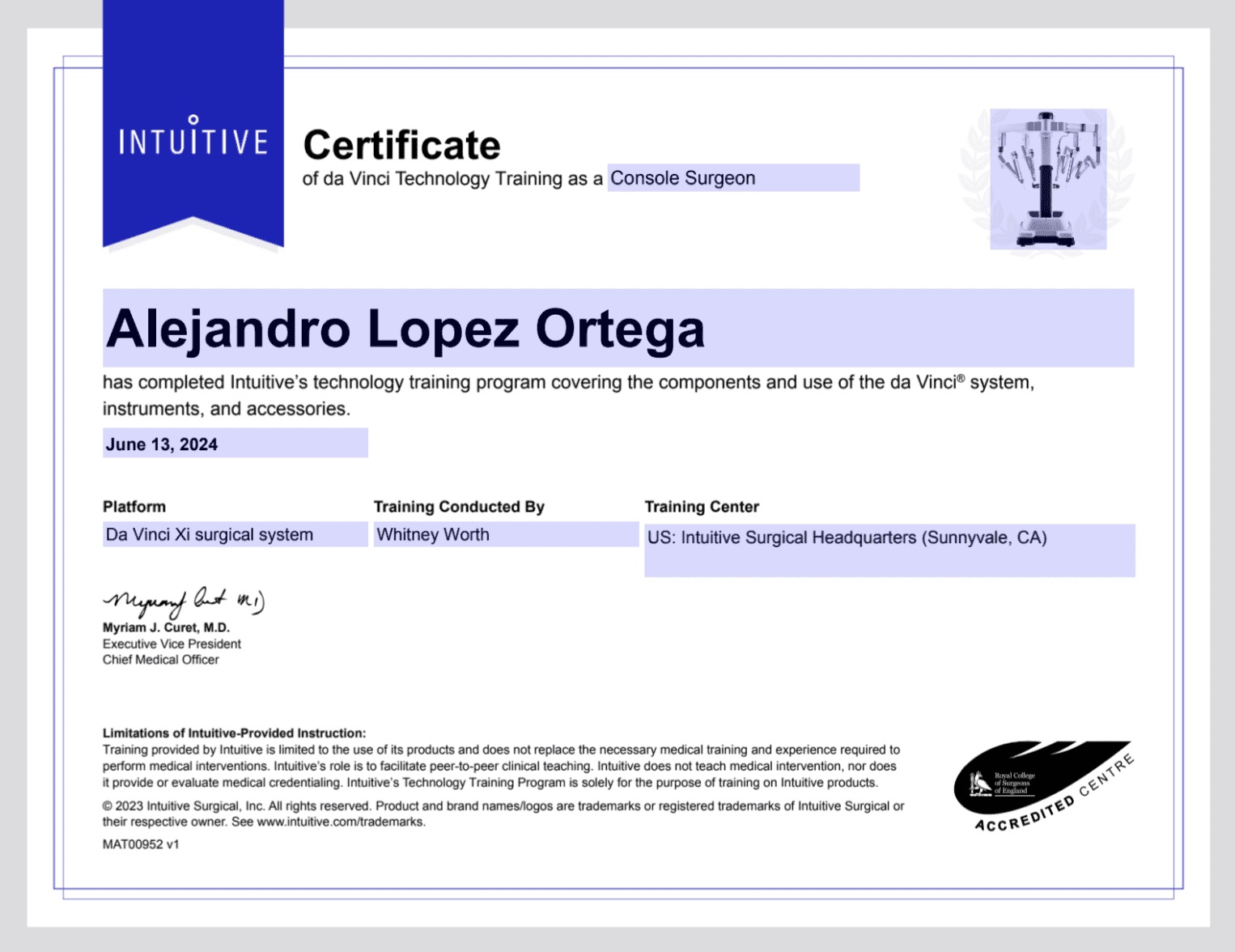 Certificación Cirugía Robótica Da Vinci