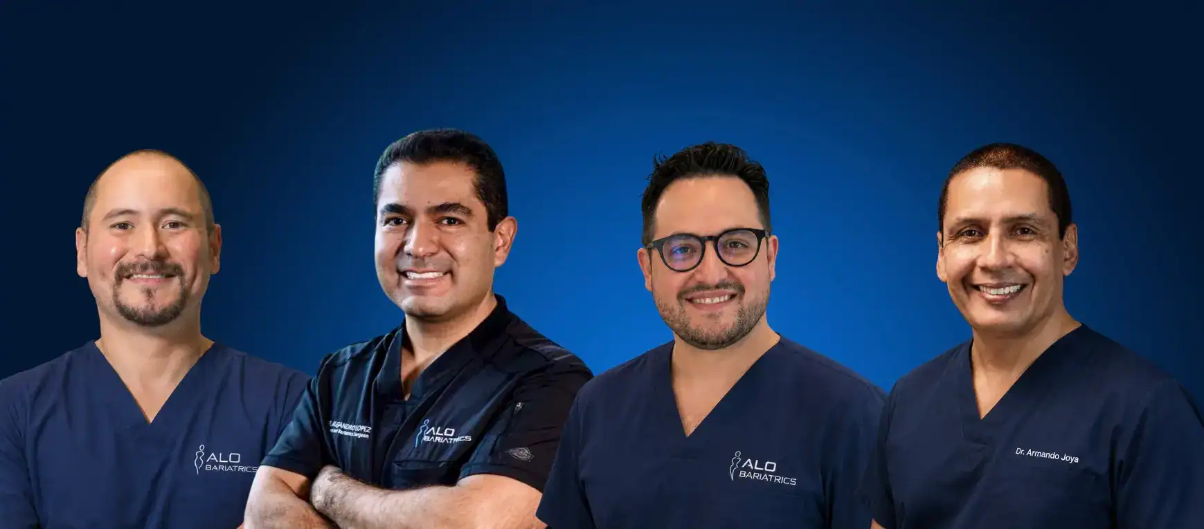 Dr. Alejandro López, Dr. Armando Joya, Dr. David Orozco, Dr. Luis Fernando Pérez — board-certified bariatric surgeons at ALO Bariatrics