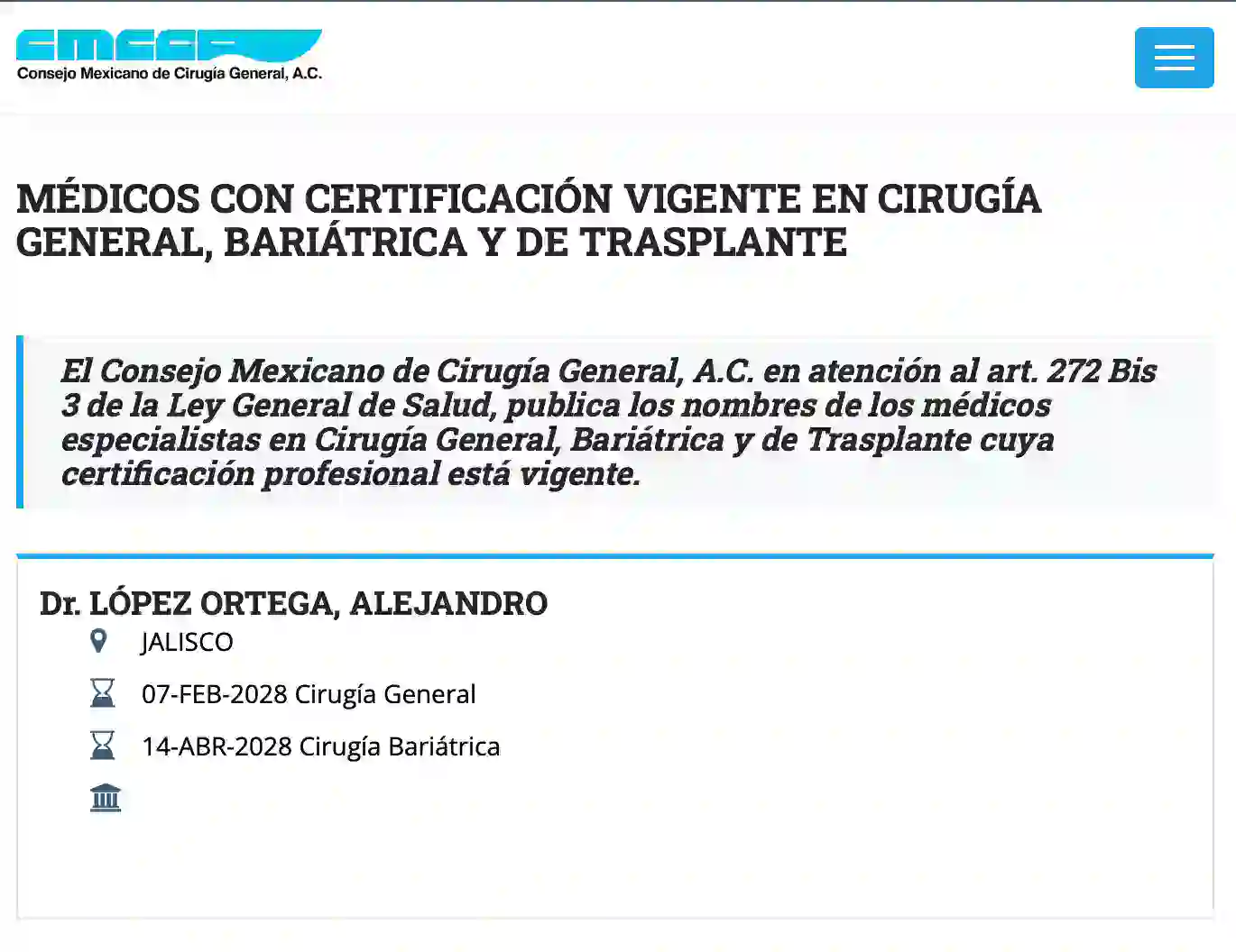 Official CMCG registry record for Dr. Alejandro López Ortega showing current certification in General Surgery (Feb 7, 2028) and Bariatric Surgery (Apr 14, 2028)